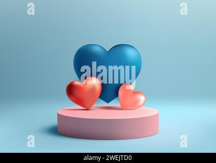 Valentine's Day display with this 3D blue podium mockup. Red and Blue Heart glossy elements with blue background, perfect for showcasing products, bra Stock Vector