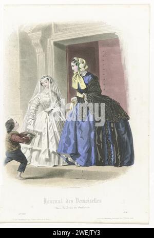 Journal des Demoiselles 1855, No. 4, 23rd year, 1855  A woman and a girl in communion clothing at an open church door. The girl gives a coin to a beggar who holds his hat. Left: White dress for the first H. Communion or the H. Vormsel with Mamelukken sleeves. On the head a long transparent veil. Bible in hand. Right: Black shoulder mantle on a blue dress with wide skirt. Accessories: yellow hat with bow ribbons, bracelets around both wrists, short gloves. Print from the fashion magazine Journal des Demoiselles (1833 -1922).  paper steel engraving fashion plates. gloves, mittens (SHORT GLOVES) Stock Photo