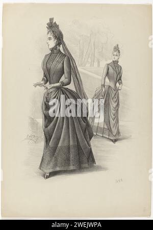 Two ladies walking, 1888, No. 719, 1888  Woman, walking in a park, in a high -closed dress (mourning gown?) With long sleeves. Skirt with queue and drapering. Hat with bow ribbons and veil. Loose glove in the hands. Behind her a lady in a similar dress.  paper  fashion plates. veil (+ women's clothes). head-gear: hat (+ women's clothes). dress, gown (+ women's clothes). gloves, mittens, etc. (+ women's clothes). skirt (+ women's clothes) Stock Photo