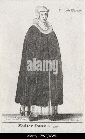 Mulier Danican / a Danish Woman, Wenceslaus Hollar, after Johannes Henricus van Craenhals, 1643  Woman from Denmark, standing to the right, dressed in a calf -long dark cape under which the hands are hidden. Above a small round raised collar. A white cap on the head. Under the cape you can see the edge of the dress.  paper etching  Faeröer Stock Photo