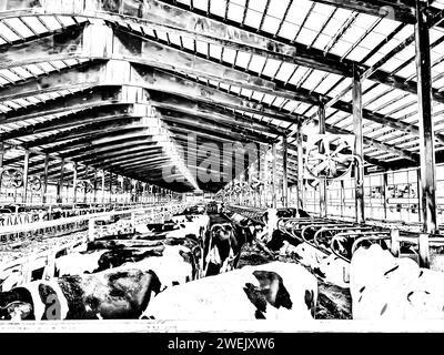 Holstein dairy cows walking around a freestalls barn.  Stock Photo
