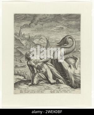 Jonah spit out by whale, Johann Sadeler (I), After Dirck Barendsz., C. 1582 - Before 1600 print Jonah is spit out by whale and crawls ashore. Fishing boats in the background. Numbered in the middle: 2.  paper engraving Jonah is swallowed by a great fish, (sea)monster, whale, dolphin, or the like Stock Photo