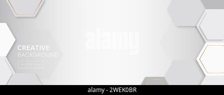 Abstract modern white gray gradient banner background with copy space for text in the middle and hexagon shapes at border Stock Vector