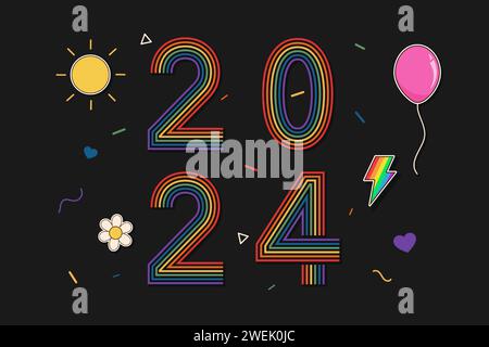 Year 2024 numbers in rainbow pride color theme, vector design Stock Vector
