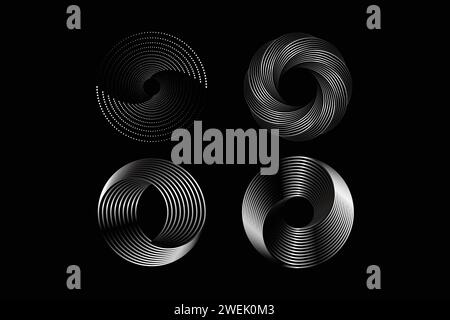 Abstract spiral circle logo vector design set of four on isolated black background Stock Vector