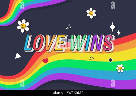 Pride month background with wavy rainbow and love wins text Stock Vector