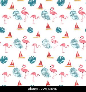 Summer seamless pattern background with flamingo birds, sailboats and leaves on white background Stock Vector