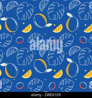 Juicy summer seamless pattern with lemons and leaves on blue background Stock Vector
