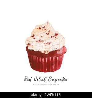 Red velvet cupcake dessert, watercolor food painting vector design isolated on white background Stock Vector