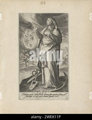 Hope, Crispijn van de Passe (I), After Maerten de Vos, 1580 - 1588 print Landscape with the female personification of Hoop (Spes), one of the three theological virtues that looks up to heaven. At her feet an anchor and a spade. On the right in the background the resurrection of Christ. Jonah is spit out by the fish on the left. In the margin a two -way caption in Latin. Second print from a series with the virtues.  paper engraving Hope, 'Spes'; 'Speranza divina e certa' (Ripa)  one of the Three Theological Virtues. Christ, usually holding a banner, arises from the grave; often combined with s Stock Photo