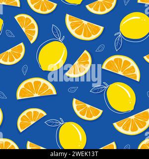 Colorful citrus fruit summer seamless pattern on blue background Stock Vector