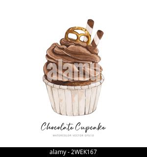 Chocolate cupcake dessert, watercolor food painting vector design isolated on white background Stock Vector