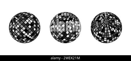 Black and grey disco ball set. Collection of shining spheres in different angles. Turning music globe or planet bundle. Mirror ball element pack for poster, banner, music cover, party. Vector Stock Vector