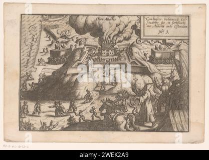 Siege of Ostend: Brand in Fort Albertus on November 13, 1601, Anonymous, 1615 print Siege of Ostend: the burning of the Logement of the Archduke Albrecht located in Fort Albertus, November 13, 1601. In the foreground dismay among the soldiers and with a clergyman with a crucifix. At the top right a cartouche with inscription in Latin. Numbered at the top right: 3.  paper etching / engraving siege, position war. on fire, ablaze Ostend. Fort Albertus Stock Photo