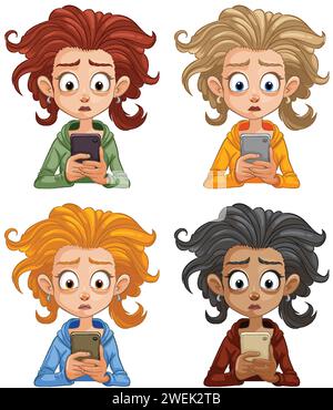 Four cartoon characters reacting to their phones Stock Vector