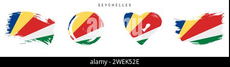 Seychelles hand drawn grunge style flag icon set. Republic banner in official colors. Free brush stroke shape, circle and heart-shaped. Flat vector il Stock Vector