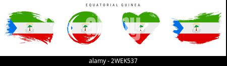 Equatorial Guinea hand drawn grunge style flag icon set. Republic banner in official colors. Free brush stroke shape, circle and heart-shaped. Flat ve Stock Vector