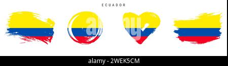 Ecuador hand drawn grunge style flag icon set. Ecuadorian banner in official colors. Free brush stroke shape, circle and heart-shaped. Flat vector ill Stock Vector