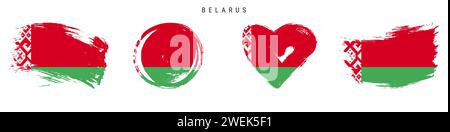 Belarus hand drawn grunge style flag icon set. Belorussian banner in official colors. Free brush stroke shape, circle and heart-shaped. Flat vector il Stock Vector