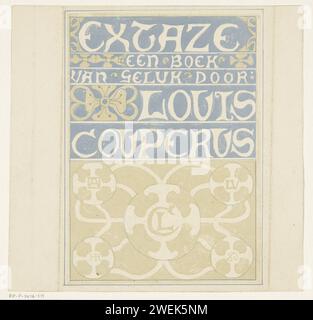 Band design for: Louis Couperus, Extaze: a book of happiness, 1894, Richard Nicolaüs Roland Holst, in Or Before 1894 print Decorative lettering decorated with floral motifs. At the bottom of four circles including the monograms of Louis Couperus and Richard Roland Holst.  paper  flowers  ornament. ornament  circle and derived from circle, e.g.: guilloche Stock Photo