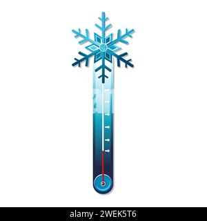 Vector blue thermometer in cold winter weather conditions. Icon with symbol snowflake in flat design. Illustration for card, banner, poster, 2d, packa Stock Vector
