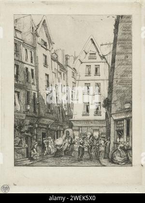 Rue Pirouette Bij de Halle aux Poissons in Parijs, Charles Maryyon, After Louis Marie Laurence, 1860 print Streets in the Rue Pirouette at the old fish market of Paris, the Halle Aux Poissons. The names of the traders can be read on the facades, such as the wine merchant, butcher and tobacco seller. There are various advertisements on the side of the house on the right. The pigs and hams hang outside at the butcher.  paper etching / drypoint street. shop-window, show-window Paris Stock Photo