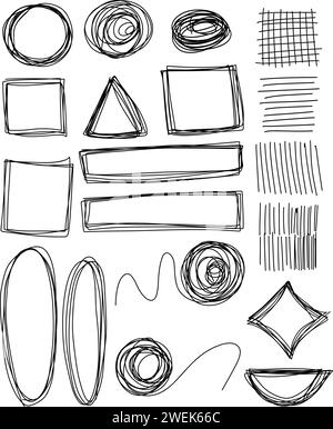 Set hand drawn doodles. Sketchy frames. Grunge scrawls, scribbles, line, and shapes, figure, underlines and circles. Crayon or marker scribbles. Isola Stock Vector