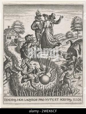 Woman seduces three men at the same time, Johann Theodor de Bry, After Anonymous, 1596 print Above a field full is a strange 'cord dancers' scaffolding that is attached to a winged globe. On top is a woman with two men whose hand she gives her hand and 'free footing' with the other. At the same time, she looks at the viewer about her shoulder, who in this way becomes the third 'worshiped'. The proverb 'mit Hend beet fus tretn und lachn: can Ich as Balt Drei Narren Machen' here, on the shaky structure that symbolizes the disability, literally portrayed. The gentlemen climb upstairs via a rope l Stock Photo