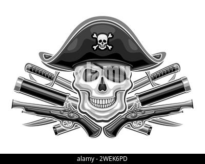 Vector logo for Pirate Skull, horizontal poster with illustration of skull in old sea hat and black crossed pirate weapons, decorative sign with art d Stock Vector