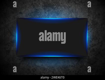 Blue neon luminous frame on dark grunge brick wall abstract background. Vector futuristic design Stock Vector