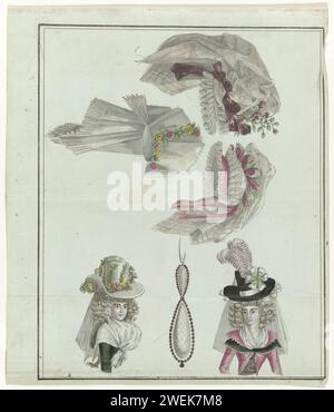 Store of new French and English modes, December 11, 1788, 4th year, 2nd notebook, pl. 1, 2, 1788  Three hats: 1) 'and Négligé' of white mesh with pink and red -brown ribbons. 2) The same hat with 'Papillons Doubles'. 3) Hat in the form of a turned pyramid with garlands of flowers. Two women's busts: hat of white satin with garlands of flowers (left). 'Toquet' of black satin with white springs (right). The print is part of the 2nd Cahier, 4th Année, from the Magasin des Modes Nouvelles �������ç������es et Anglaises. The series consists of 172 fashion prints, published by Buisson, Paris, November 20, Stock Photo