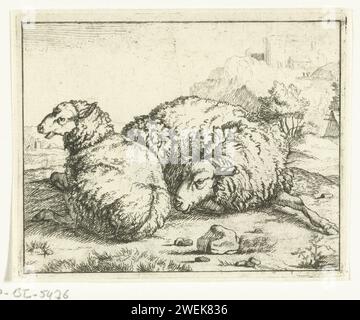 Two lying sheep, mountain village in the background, anonymous, after Marcus de Bye, 1657 - c. 1800 print Copy, in mirror image, to the sixth print from the Sheep De Bye sheep series.  paper etching sheep Stock Photo