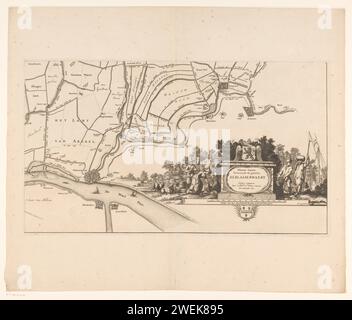 Map of the Alblasserwaard and the Vijfheerenlanden (part bottom right), Bastiaen Stopendael, 1716 print Share (bottom right) of a map of the Alblasserwaard and the Vijfheerenlanden, consisting of four parts and a edge of the arms.  paper etching / engraving maps of separate countries or regions. polder, reclaimed land. coat of arms (as symbol of the state, etc.). armorial bearing, heraldry. milkmaid. farmers. agriculture. cheese. cattle. fisherman. sailing-ship, sailing-boat. commercial fishery Alblasserwaard. Vijfheerenlanden Stock Photo