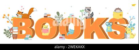 Cute animals kids cartoon characters enjoying reading, books text poster Stock Vector
