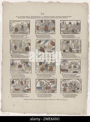 Here you see youthful students / Jesu Apostles Besig Besig (...), 1761 - 1765 print Leaf with 12 performances of stories from the New Testament. Under each image a four -line fresh and a reference to the corresponding Bible text. Numbered in the middle: 70.  paper letterpress printing New Testament. the Revelation of John, the Apocalypse Stock Photo