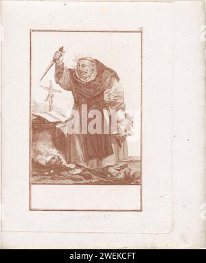Monnik with dagger in his hand, Jacob Gole (attributed to), after Cornelis Dusart, 1724 print Standing monk, a dagger in his right hand, a man's head in his left hand. Flames come out of his head. His feet are devil claws. On the ground next to him a skull and bones. The print is part of a 50-part series on the subject of the abuses of the Catholic clergy.  paper etching monk(s), friar(s). (aspects of) Christian Religion or the Church (as institution) ridiculed, criticized, or caricaturized. murderer. head of a beheaded person. human-shaped devil Stock Photo
