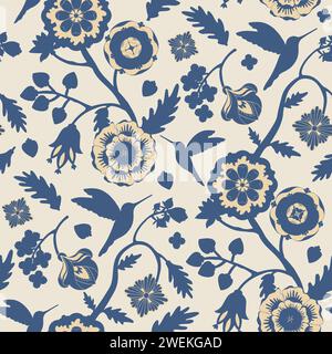 Denim blue flowers and hummingbirds silhouettes seamless pattern. Indian floral style pattern. Stock Vector