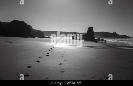 A black and white shot of footprints on a sandy beach near rocks. Stock Photo