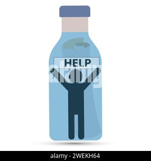 Silhouette of a person in a bottle holding a help message Stock Vector