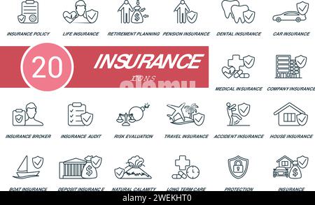 Insurance outline icons set. Creative icons: insurance policy, life insurance, retirement planning, pension insurance, dental insurance, car insurance Stock Vector