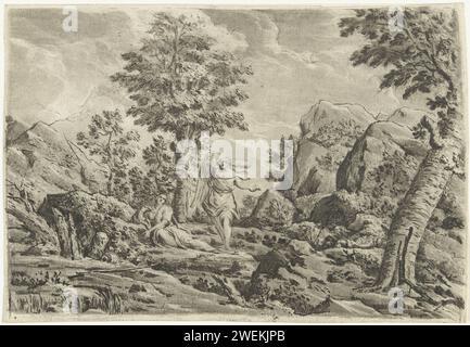 Hagar in the desert, Jurriaan Cootwijck, after Eustache Lesueur, 1759 print Hagar is located on the ground in a mountainous landscape. An angel points her to a water source.  paper  an angel appears and reveals a well of water to Hagar Stock Photo