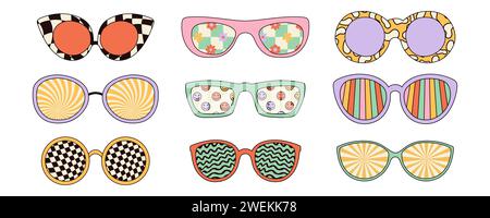 Groovy sunglasses set in retro hippie style. Vector illustrations isolated on white background Stock Vector