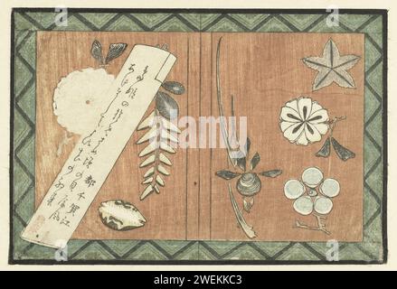A Painting Made of Shells, anonymous, 1797 print A framed painting of shells and flowers, on the right an asterblad, cherry blossom and shells laid in the form of an iris. On the left shells laid in the form of golden rain and another flower. The poem is written on an envelope. This print is also a calendar leaf, the shells display the long months (1, 3, 5, 8, 10, 11 and 12) of the year 1797.  paper color woodcut flowers. scallop, shell  ornament Stock Photo