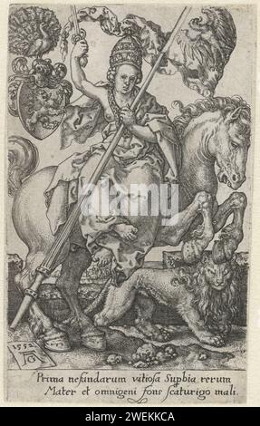 Hoogmoed, Heinrich Aldegrever, 1552 print Personification of the pride. Woman on horseback, with a tiara on the head, a sword in the right hand, in the left a banner with an eagle on it. A lion runs next to the horse. At the top left a coat of arms with a lion, above that a peacock. Under the show a two -line text in Latin. First print from a series of seven.  paper engraving Pride; 'Superbia' (Ripa)  personification of one of the Seven Deadly Sins Stock Photo