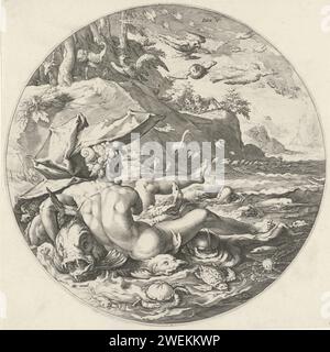 Fifth day of creation: creation of the animals, Jan Harmensz. Muller, after Hendrick Goltzius, 1589 print The fifth day of creation, on which the animals were created. All kinds of animals and birds run on land. Birds flying in the sky. In the foreground the sea with fish and scratching and a sea god with shells in the hair. To the Bible text in Gen. 1: 20-23.  paper engraving creation of the animals  Genesis Stock Photo