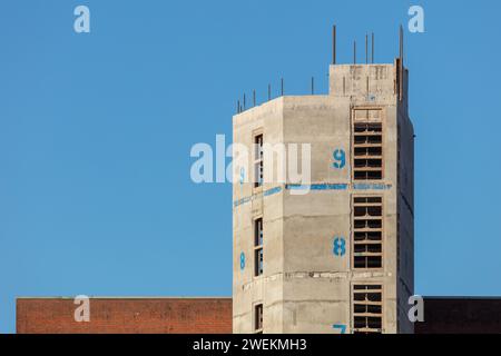 Image of the concrete core tower and reinforcing bars during construction of One Victoria residential development in Manchester, UK Stock Photo