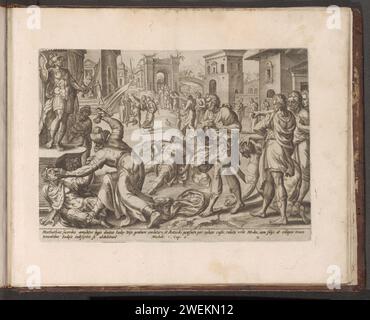 Mattatias kills a Jew and an envoy of the King, 1579 print Mattatias kills a Jew who, in accordance with the king's order, wanted to make a sacrifice on the altar in Modeïn and the king's envoy. In this way he showed his dedication to the law of God. Under the show a reference in Latin to the Bible text in 1 bubble. 2:14. Print is part of an album.  paper engraving Mattathias kills a Jew, who wanted to offer sacrifices to pagan gods, and pulls down the altar in Modin (1 Maccabees 2:23-26) Stock Photo