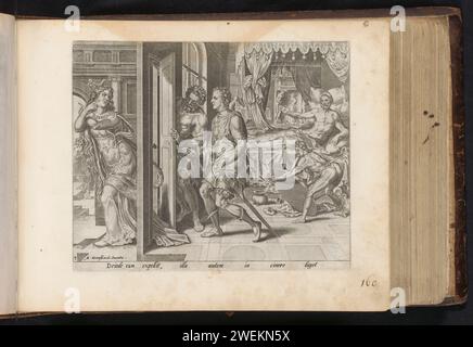 Amnon sends Tamar out of the house, Philips Galle, After Maarten van Heemskerck, 1646 print After Amnon has raped his half -sister Tamar, he feels a deep hatred for her and sends her away. Tamar does not beg him to send her away, but Amnon instructs his servants to put her out of the house and lock the door behind her. A servant cleans up the fallen table next to the bed. Under the performance a reference in Latin to the Bible text. Print is part of an album.  paper engraving Amnon sends Tamar away; Tamar puts ashes on her head, rends her garment, lays her hand on her head and leaves crying Stock Photo