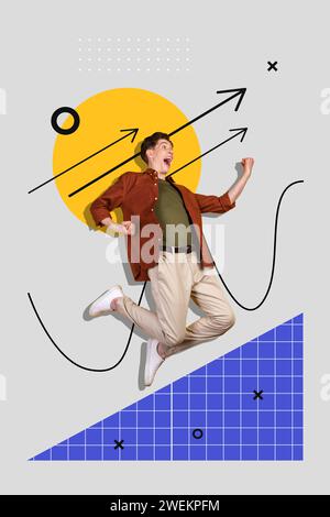 3d retro abstract creative artwork template collage of determined man jumping arrow statistic poster weird freak bizarre unusual fantasy Stock Photo