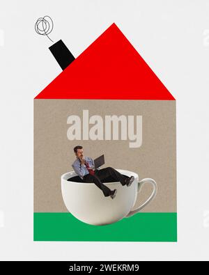 Contemporary art, collage. Businessman sitting in cup of tea with laptop and working online. Surreal image of work from home in comfortable conditions Stock Photo